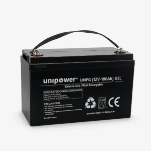 Batería de gel VRLA recargable marca Unipower modelo UNPG 12V 100Ah en color negro, vista frontal con terminales y asa.