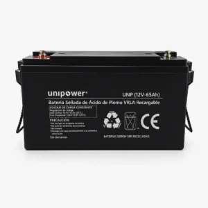 Batería rectangular Unipower modelo UNP 12V-65Ah, color negro, tipo VRLA AGM, vista frontal recta. Se observan dos terminales en la parte superior y asas de cuerda negra en los laterales. La etiqueta frontal muestra información técnica, sellos de reciclaje y certificación CE.