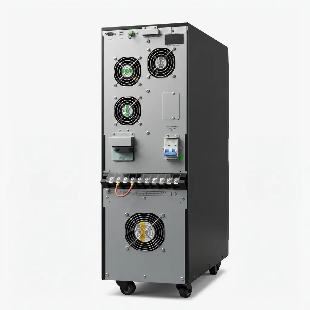 Panel posterior de UPS Galeón One ISO Bifásica 6 KVA y 10 KVA. Muestra borneras de conexión, switch de bypass de mantenimiento, breakers de entrada, conector EPO y puertos RS232/USB.