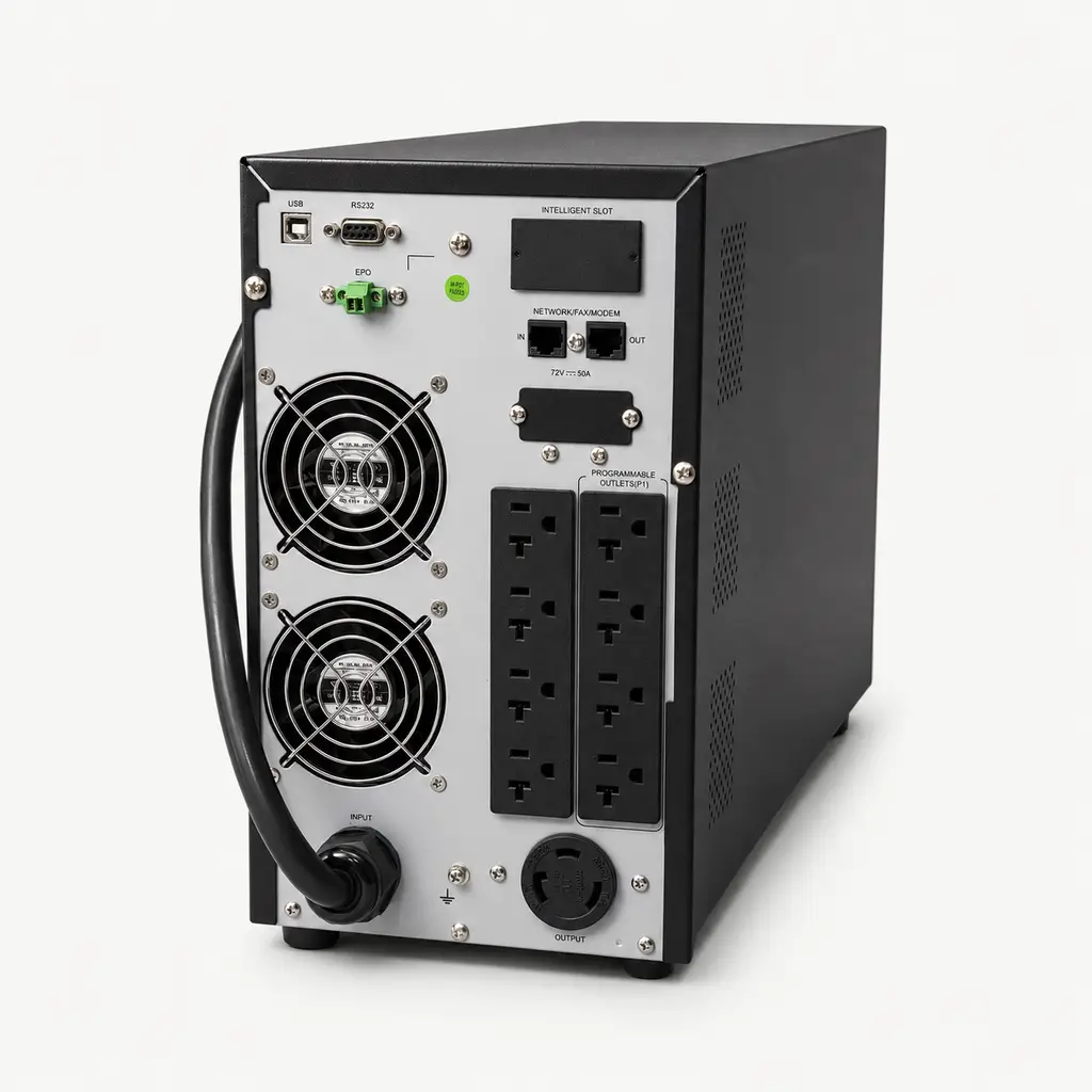 Panel posterior de UPS Galeón One Monofásica 1 a 3 KVA. Muestra tomacorrientes NEMA, ventiladores, puertos RS232 y USB, conector EPO y ranura SNMP.