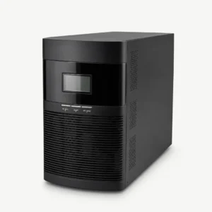 Vista frontal de UPS Online Monofásica Galleon One, capacidades de 1 a 3 KVA. Panel LCD de monitoreo, diseño en torre para respaldo de servidores y telecomunicaciones.