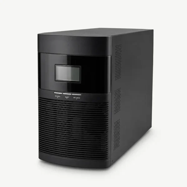 Vista frontal de UPS Online Monofásica Galleon One, capacidades de 1 a 3 KVA. Panel LCD de monitoreo, diseño en torre para respaldo de servidores y telecomunicaciones.