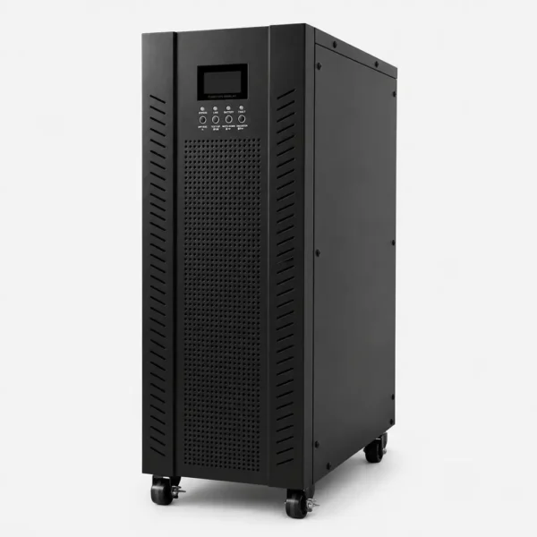 Vista frontal de UPS Online Trifásica Galeón II de 10KVA y 10KW. Diseño en torre con panel táctil LCD de 4.3 pulgadas.