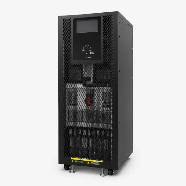 Vista frontal UPS Online Trifásica Modular Fortress 100KVA y 100KW. Pantalla táctil de 7 pulgadas en gabinete color negro.