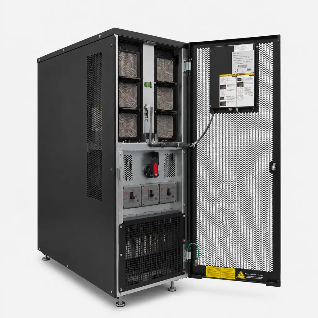 Vista interna de UPS Trifásica Modular Fortress 80KVA. Muestra módulos de potencia extraíbles, switch de bypass de mantenimiento y diseño de acceso frontal.