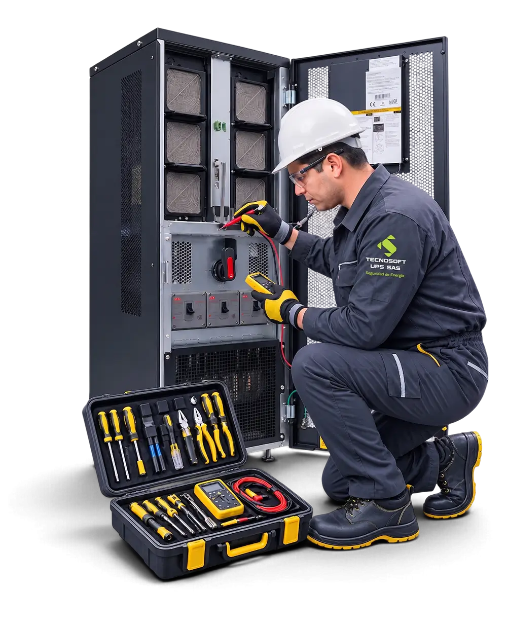 Técnico especializado revisando el interior de un sistema UPS industrial.